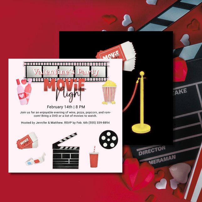 Valentine's Party Movie Night Square Invitation (Valentine's Party Movie Night Square Invitation)