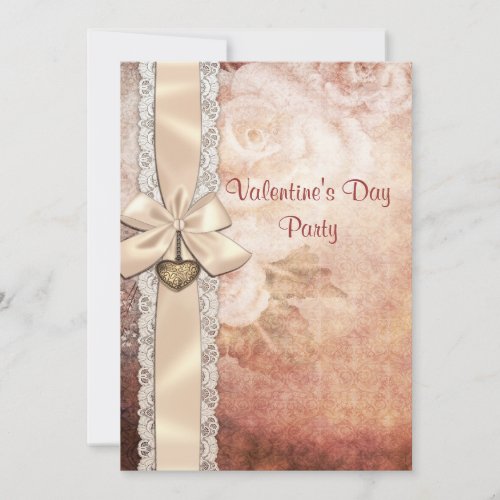 Valentines Party Vintage Damask Roses  Bow Invitation