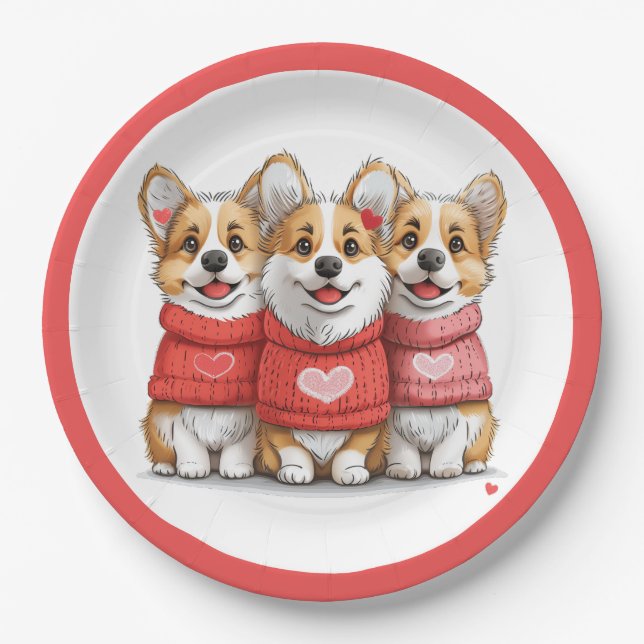 Valentines Pembroke Welsh Corgi Dogs Paper Plates (Front)