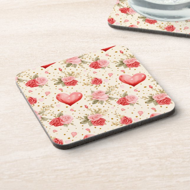 Valentine's Pink and Red Roses and Hearts  Beverage Coaster (Left Side)