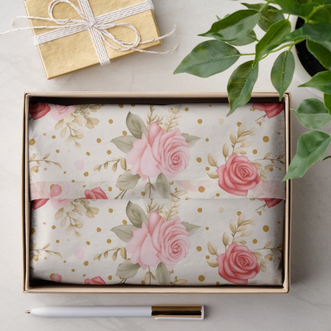 Valentine's Pink and Red Roses and Hearts  Tissue Paper (Gift)