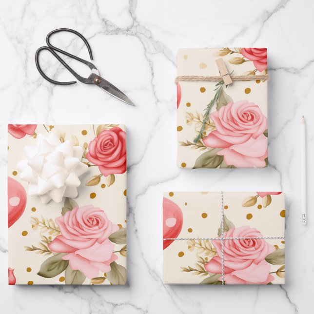 Valentine's Pink and Red Roses and Hearts  Wrapping Paper Sheets (Front)