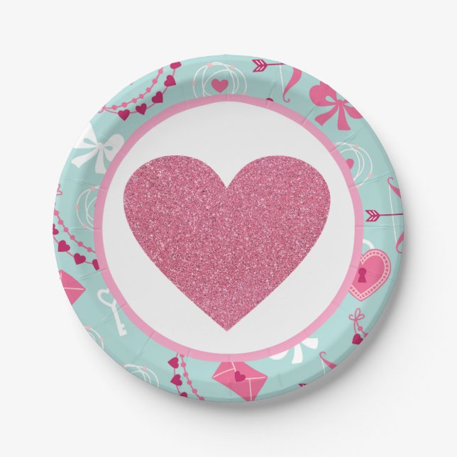 Valentines Pink Blue Glitter Heart Paper Plates (Front)