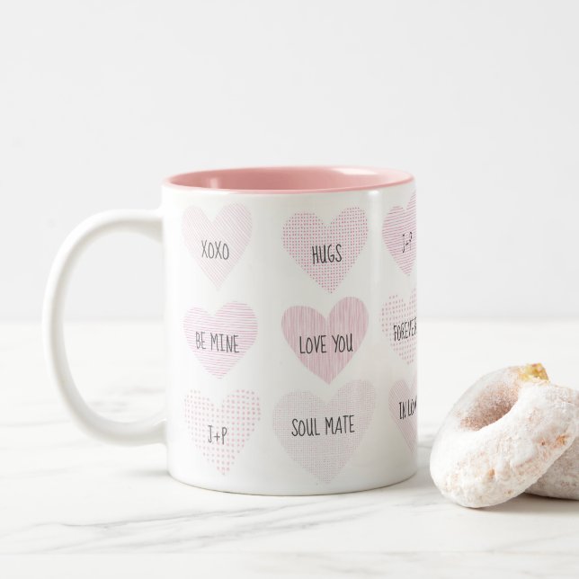 Valentines Pink Modern Hearts Initials Coffee Mug (With Donut)