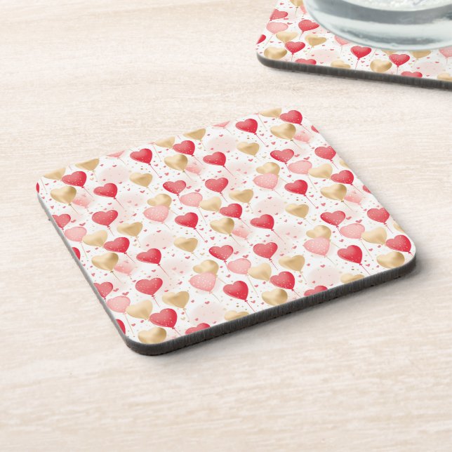 Valentine's Pink Red and Gold Heart Balloons  Beverage Coaster (Left Side)
