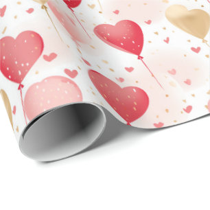 Valentine's Pink Red and Gold Heart Balloons Wrapping Paper