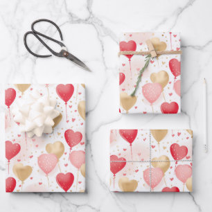Valentine's Pink Red and Gold Heart Balloons  Wrapping Paper Sheets