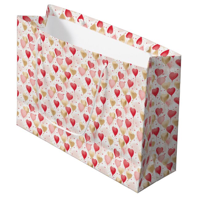 Valentine's Pink Red Gold Heart Balloons Pattern Large Gift Bag (Front Angled)