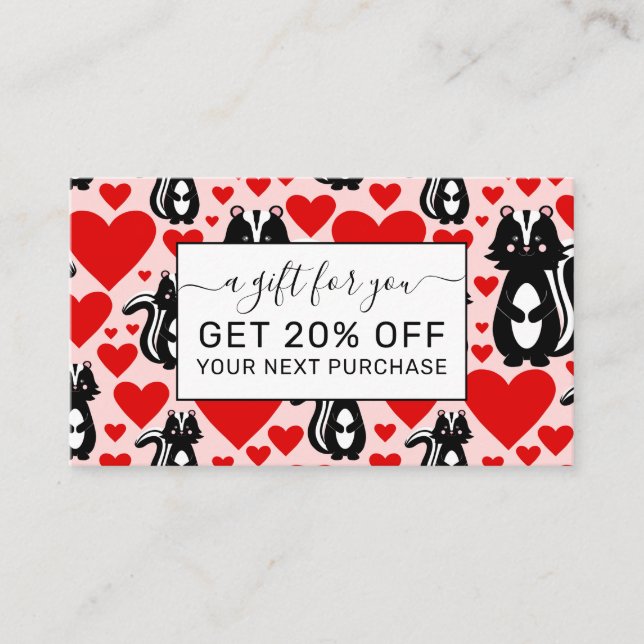 Valentine's Pink Skunk Heart Illustration Pattern Discount Card (Front)