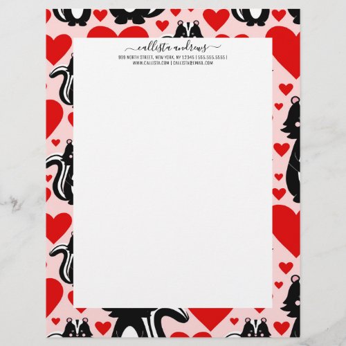 Valentines Pink Skunk Heart Illustration Pattern Letterhead