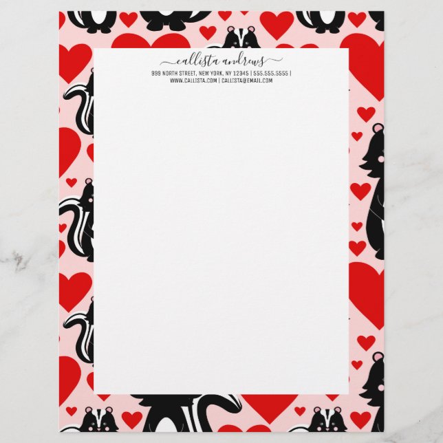 Valentine's Pink Skunk Heart Illustration Pattern Letterhead (Front)