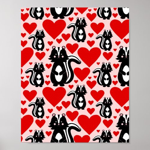Valentines Pink Skunk Heart Illustration Pattern Poster