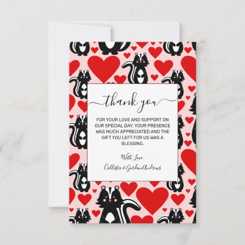 Valentines Pink Skunk Heart Illustration Pattern Thank You Card