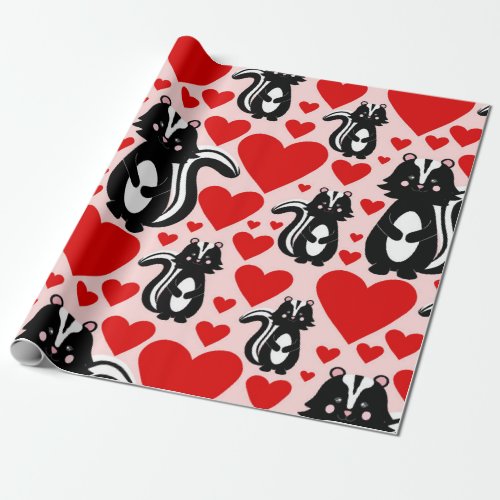 Valentines Pink Skunk Heart Illustration Pattern Wrapping Paper