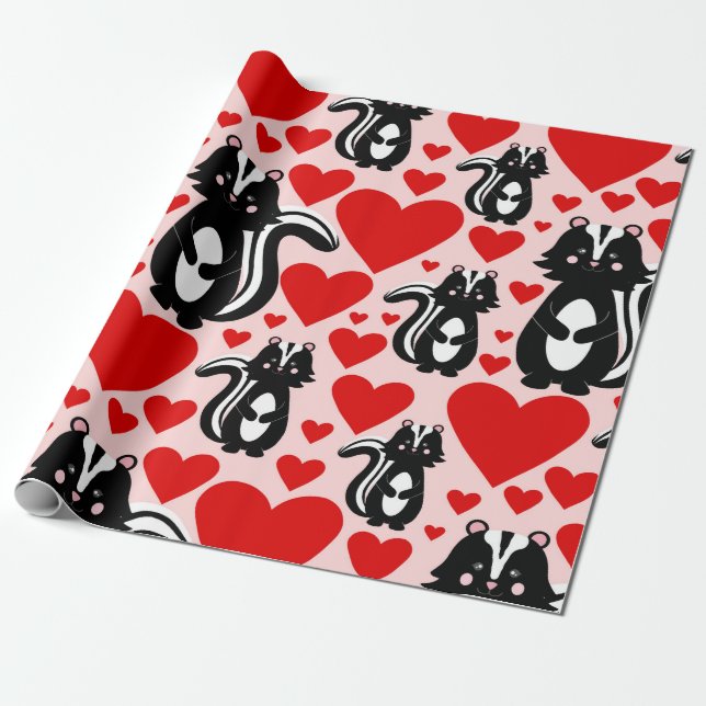 Valentine's Pink Skunk Heart Illustration Pattern Wrapping Paper (Unrolled)