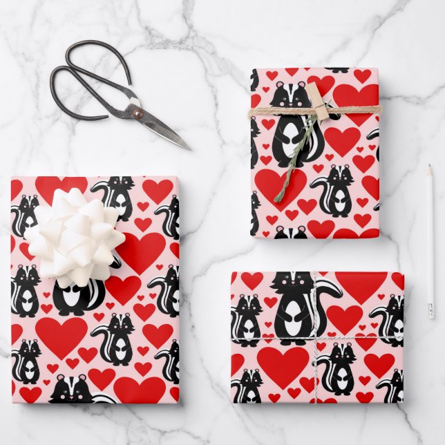 Valentine's Pink Skunk Heart Illustration Pattern Wrapping Paper Sheets (Front)
