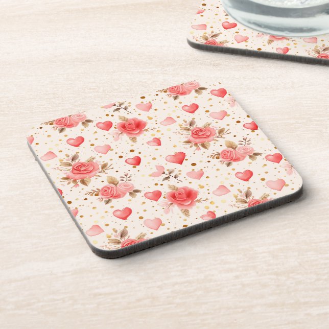 Valentine's Pink Watercolor Roses and Hearts  Beverage Coaster (Left Side)