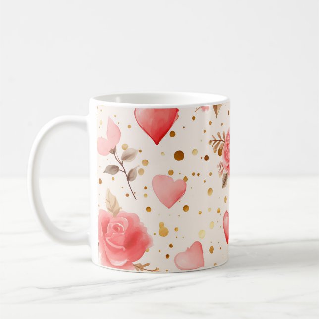 Valentine's Pink Watercolor Roses and Hearts  Coffee Mug (Left)