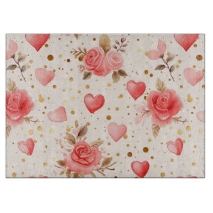 Valentine's Pink Watercolor Roses and Hearts Cutting Board
