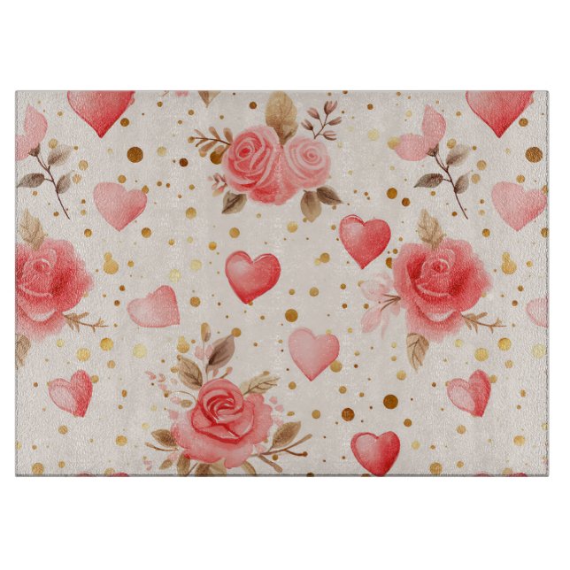 Valentine's Pink Watercolor Roses and Hearts  Cutting Board (Front)