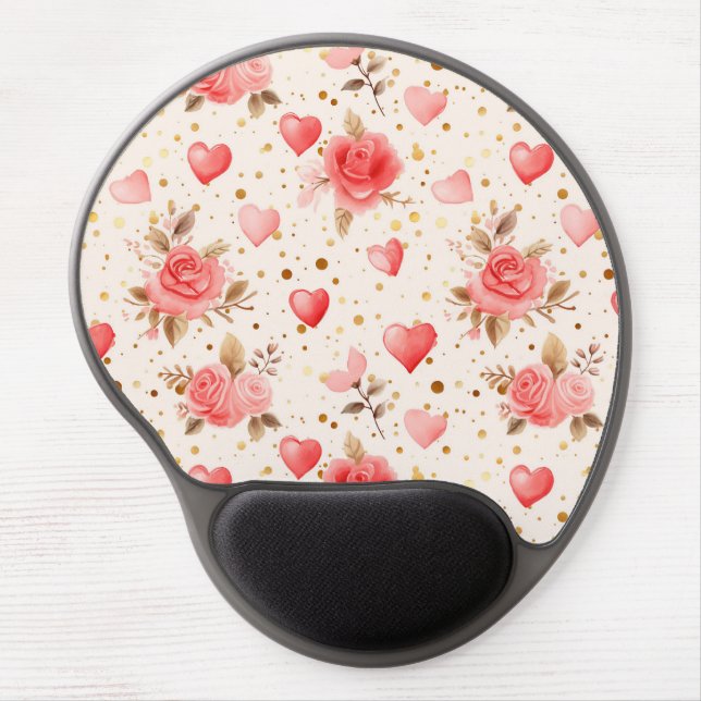 Valentine's Pink Watercolor Roses and Hearts  Gel Mouse Pad (Front)