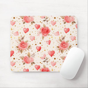 Valentine's Pink Watercolor Roses and Hearts Mouse Pad