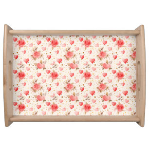 Valentine's Pink Watercolor Roses and Hearts  Serving Tray