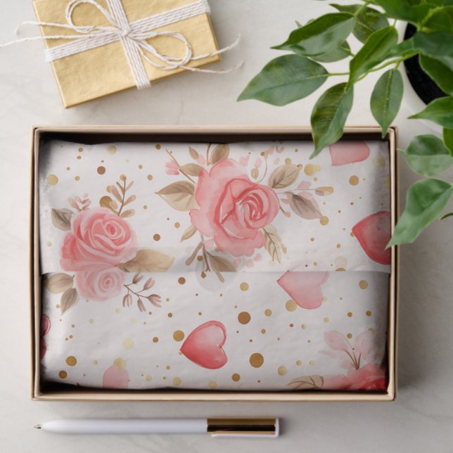 Valentine's Pink Watercolor Roses and Hearts  Tissue Paper (Gift)