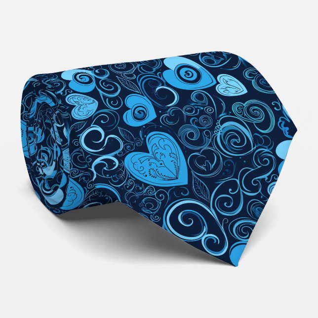 Valentine's Pretty All Blue Hand Drawn Hearts Neck Tie (Rolled)