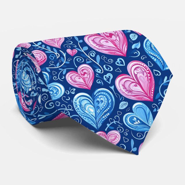 Valentine's Pretty Blue and Pink Hearts Neck Tie (Rolled)