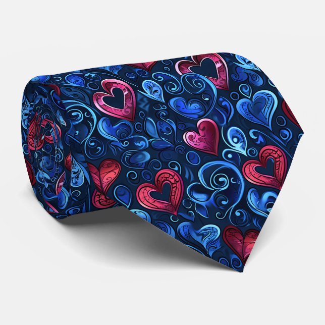 Valentine's Pretty Blue and Red Hearts Neck Tie (Rolled)