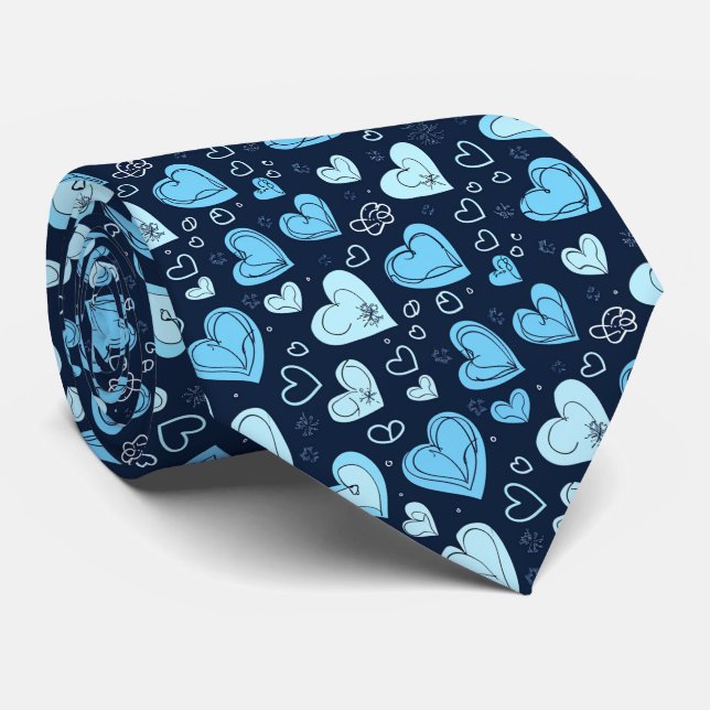 Valentine's Pretty Dark and Light Blue Hearts Neck Tie (Rolled)