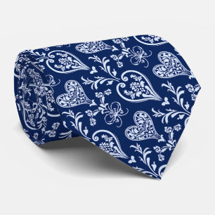 Valentine's Pretty Navy WhiteHand Drawn Hearts Neck Tie