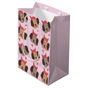 Valentines Puppies with Bows Heart Pattern Medium Gift Bag