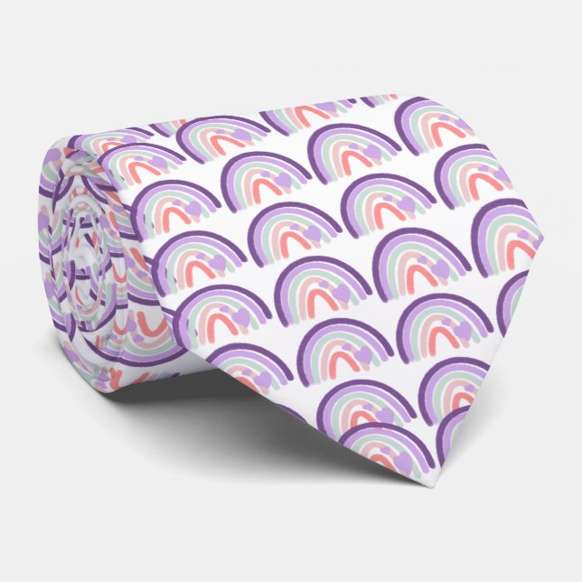 Valentines Purple Hand Drawn Rainbow Pattern   Neck Tie (Rolled)