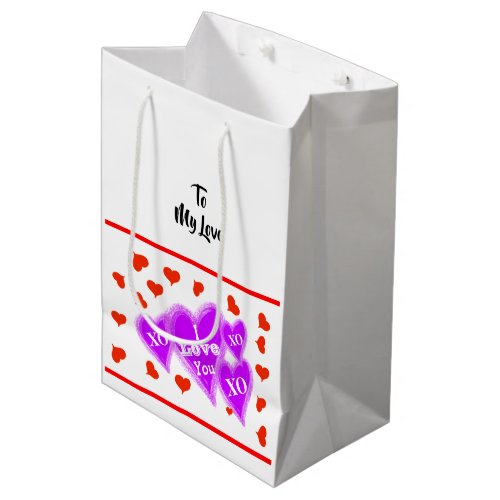 Valentines Purple Hearts Red Hearts I Love You Medium Gift Bag