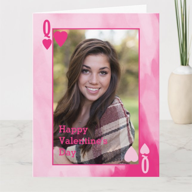 Valentines Queen Pink Watercolor with photo Card (Front)