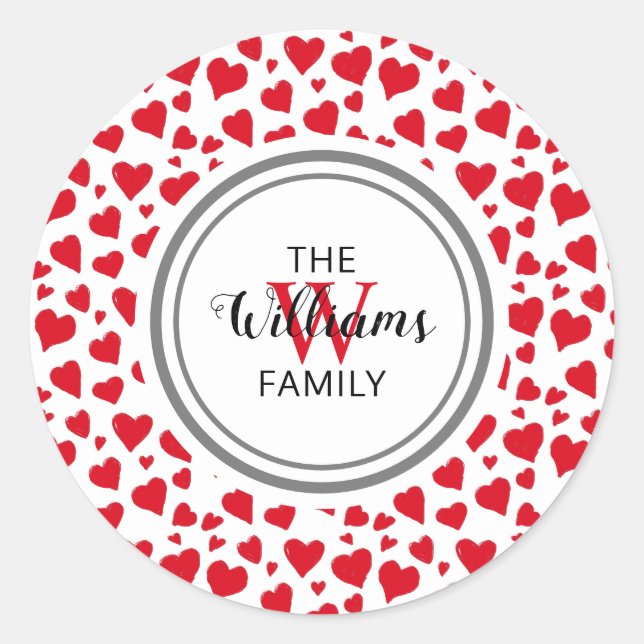 Valentines Red Heart Monogrammed Name Classic Round Sticker (Front)
