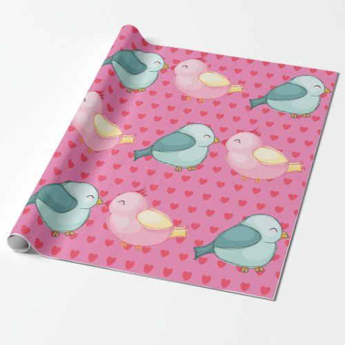 Valentines Red Heart on Pink with Cute Love Birds Wrapping Paper