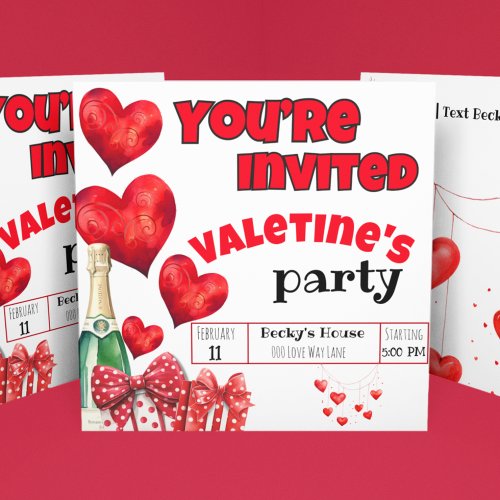 Valentines Red Hearts and Polka Dots Champagne Invitation