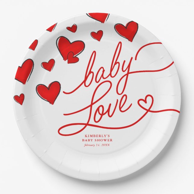 Valentine's Red Hearts Baby Love Baby Shower  Paper Plates (Front)