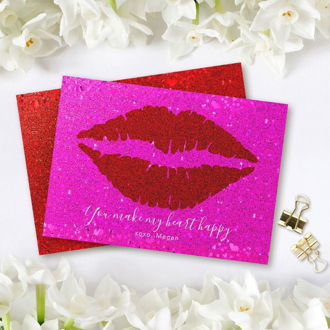 Valentine's Red Lips Pink Glitter Make Heart Happy Holiday Card (Creator Uploaded)