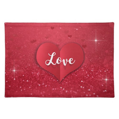 Valentines Red Paper Heart Glitter Cloth Placemat