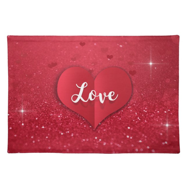 Valentines Red Paper Heart Glitter Cloth Placemat (Front)