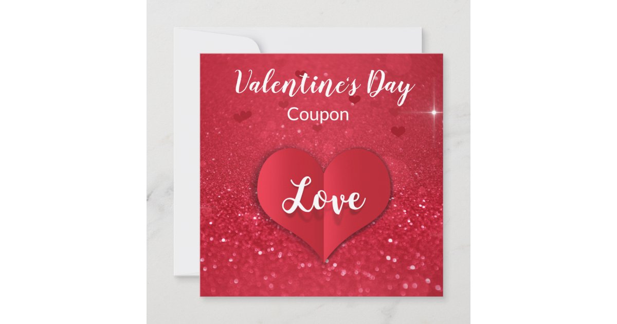 Valentines Red Paper Heart Glitter Coupon Card Zazzle