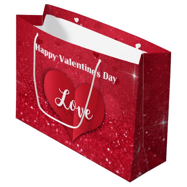 Valentines Red Paper Heart Glitter Large Gift Bag (Front Angled)