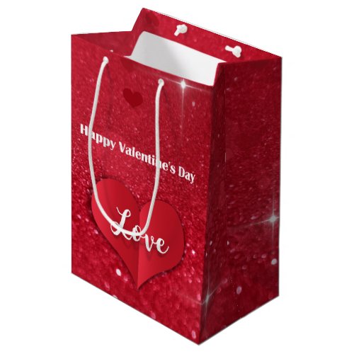 Valentines Red Paper Heart Glitter Medium Gift Bag