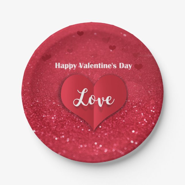 Valentines Red Paper Heart Glitter - Paper Plate (Front)
