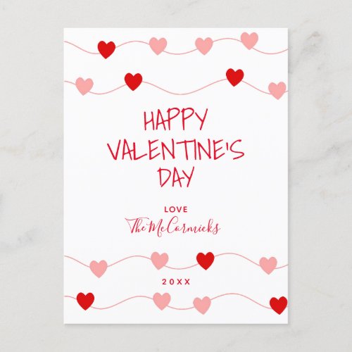 Valentines Red Pink Hearts Hand Lettered Script Holiday Postcard