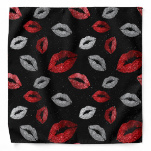 Valentines Red Silver Glitter Lips on Black  Bandana